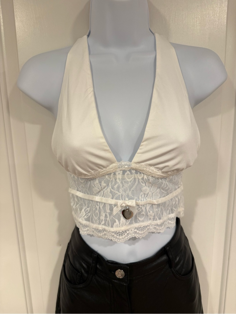 🆕Outcast Clothing white Lace Halter Crop top with Ribbon and Charm detail